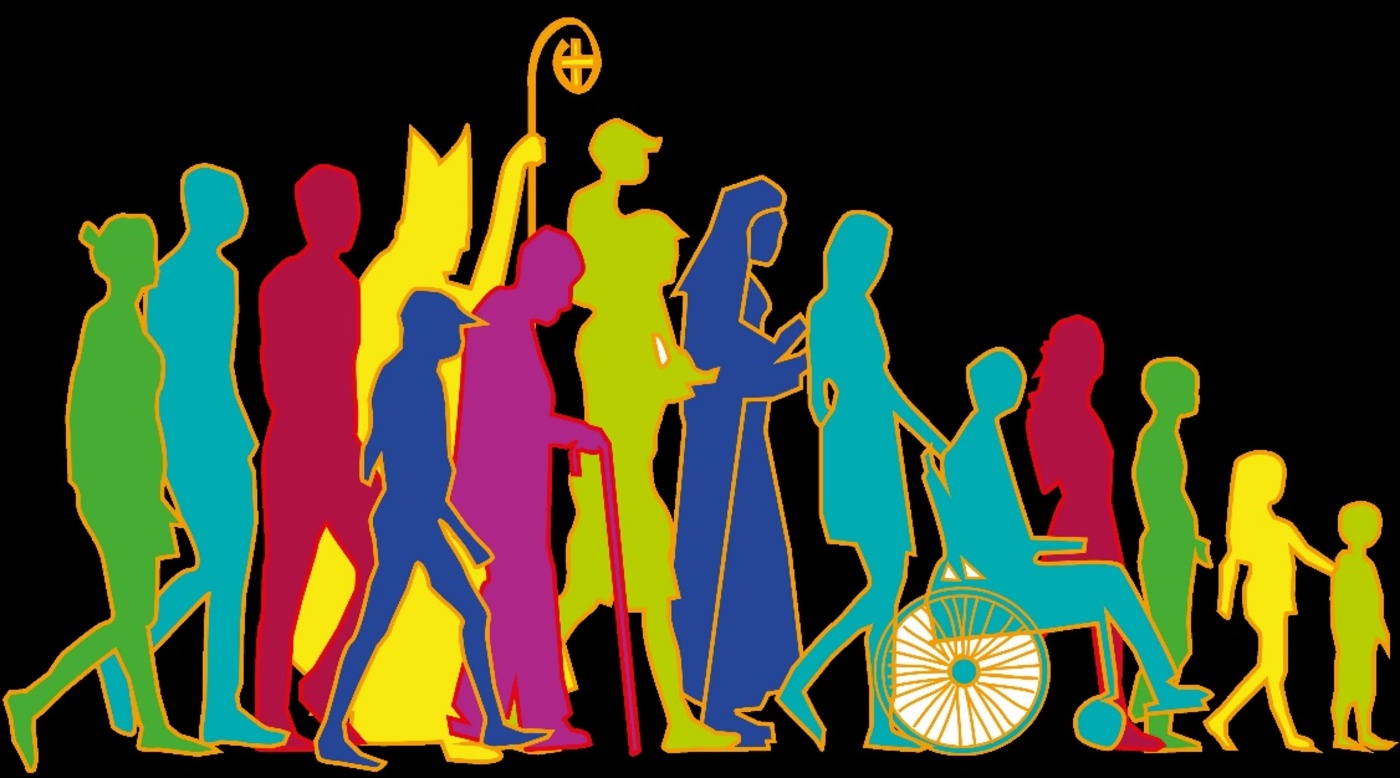 A group of people walking with different colors

Description automatically generated