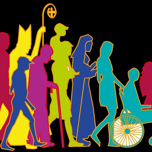 A group of people walking with different colors

Description automatically generated